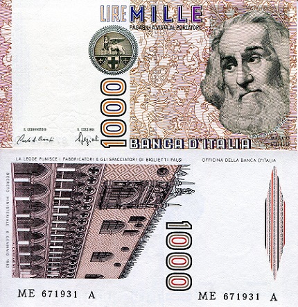 Italy  1,000 Lire Pick Number: 109b UNC Banknote