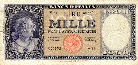 Italy  1,000 Lire Pick Number: 82a VF/F (see large scan) Banknote