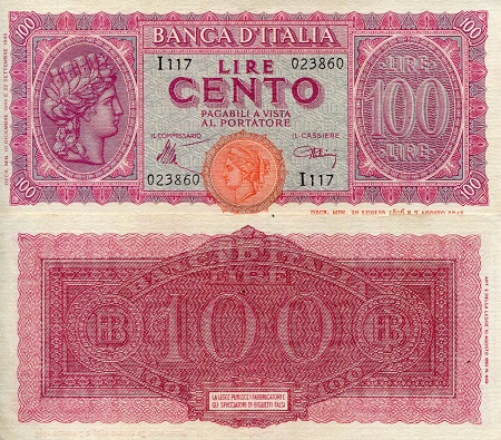 Italy  100 Lire Pick Number: 75a VF+ (See large scan) doesn't lay flat Banknote