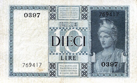 Italy  10 Lira XF/VF pick #: 25c