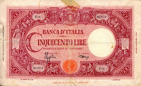 Italy  500 Lire Pick Number: 70a VG (center hole) Banknote