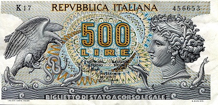 Italy  500 Lira Pick Number: 93a VF/F (see scan) Banknote