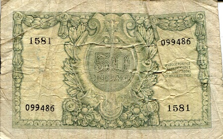 Italy  50 Lira VG (See large scan) Note crimped over pick #: 91a