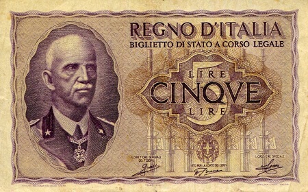 Italy  5 Lira Pick Number: 28a VF (See large scan) Banknote