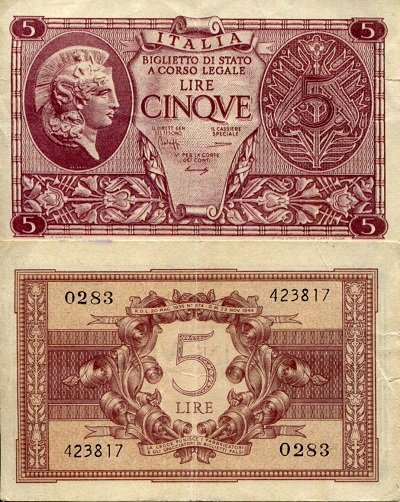 Italy  5 Lire Pick Number: 31b VG (See large scan) Banknote
