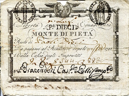 Italy  25, 40, 50, or 60 ? Bajocchi Pick Number: S526, 527, 528 or 529 ? Poor (See Large scan - holes) Banknote