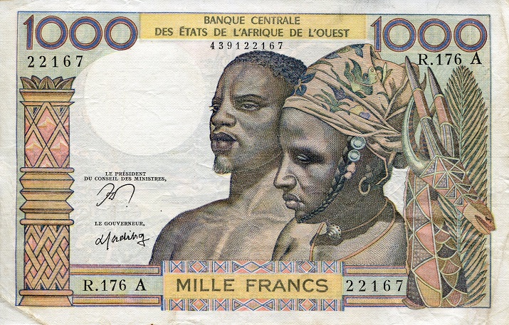 Ivory Coast 1000 Francs VF pick #: 103Am