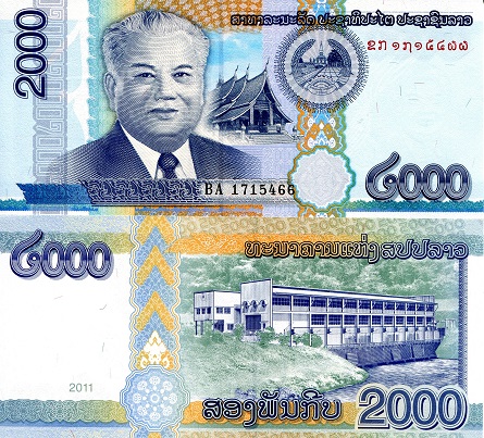 Laos 2,000 Kip Pick Number: 41a UNC Banknote