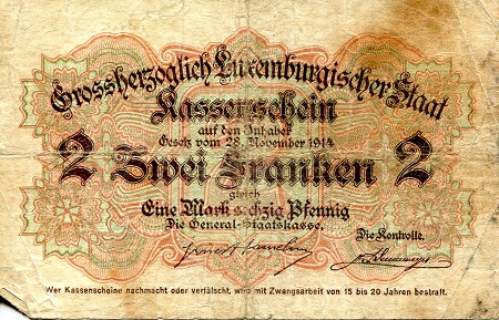 Luxembourg 2 Francs VG (see large scan) pick #: 22