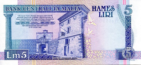 Malta 5 Liri UNC (red ink near TRC from printing) pick #: 46d