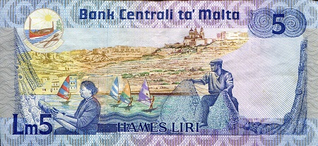 Malta 5 Liri VF+ (see large scan) pick #: 38