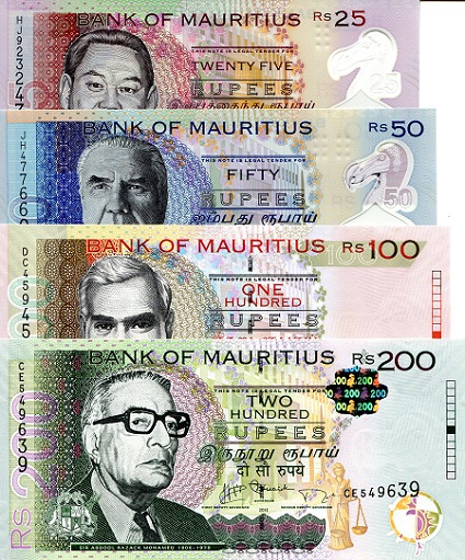 Mauritius 25 - 200 Rupees Pick Number: 64, 65, 56e, 61b (?) UNC Banknote