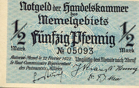 Memel 1/2 Pfennig XF/VF+ (see large scan - cut off center) pick #: 1