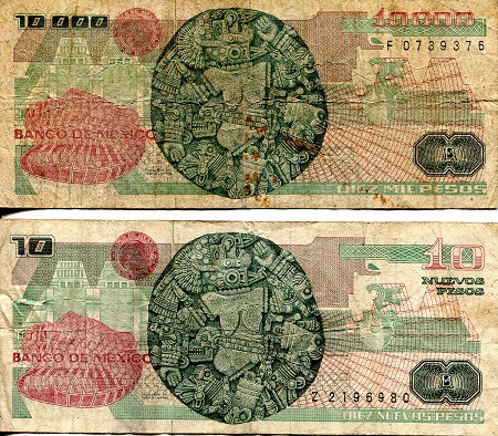 Mexico 10,000 & 10 Pesos VG (see large scans) pick #: 90d & 95