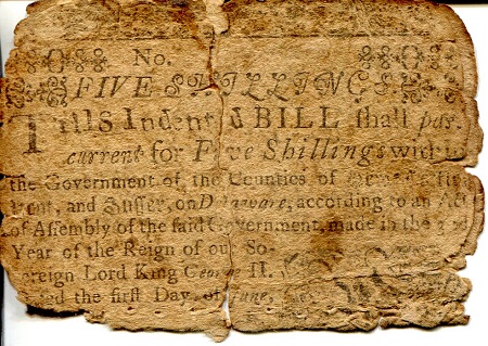 USA - Colonial 5 Shillings Poor (damaged edges & torn) pick #: NP