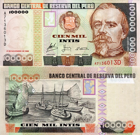 Peru 100,000 Intis Pick Number: 144 aUNC (minor corner issue) Banknote