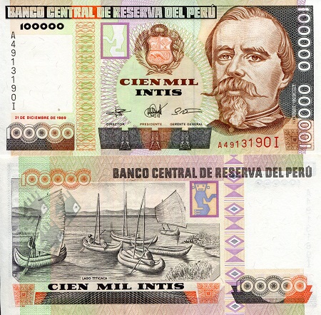 Peru 100,000 Intis Pick Number: 145a UNC Banknote