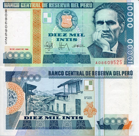 Peru 10,000 Intis Pick Number: 140 UNC Banknote