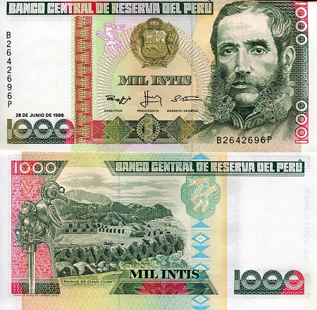 Peru 1,000 Intis Pick Number: 136b UNC Banknote