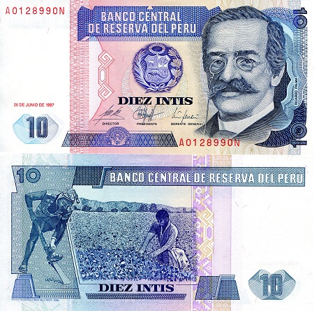 Peru 10 Intis Pick Number: 129 UNC Banknote