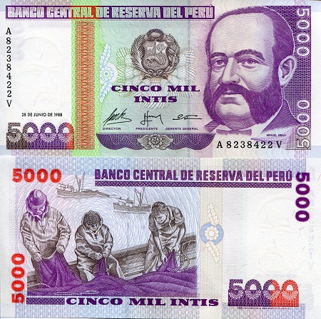 Peru 5,000 Intis Pick Number: 137 UNC Banknote