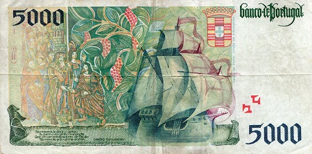 Portugal 5,000 Escudos F (see large scan) pick #: 190a