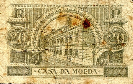 Portugal 20 Centavos VG/G holes in note (see large scan) pick #: 102