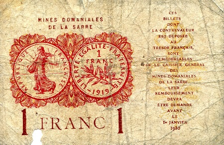 Saar 1 Franc G (See Scan, missing piece)  pick #: 2
