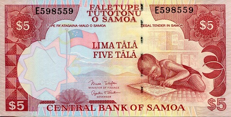 Samoa 5 Tala Pick Number: 33c UNC Banknote