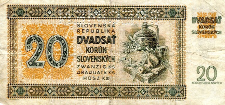 Slovakia 20 Korun VF/F (see large scan) pick #: 7s