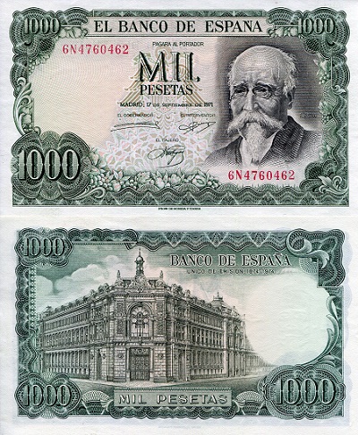 Spain 1000 Pesetas Pick Number: 154 aUNC Banknote