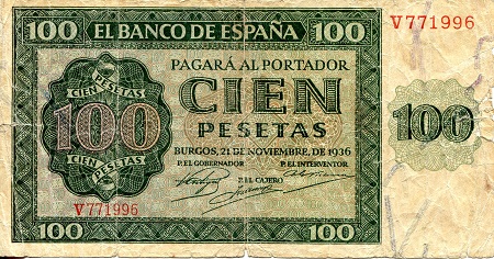 Spain 100 Pesetas Pick Number: 101 G (see large scan) Many edge issues/tears Banknote