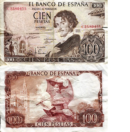 Spain 100 Pesetas Pick Number: 150 VG (Tears, holes) Banknote