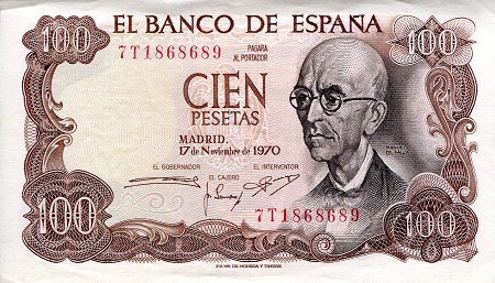 Spain 100 Pesetas Pick Number: 152 XF (Top edge corner bend) Banknote
