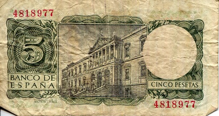 Spain 5 Pesetas VG (See large scan) pick #: 146a