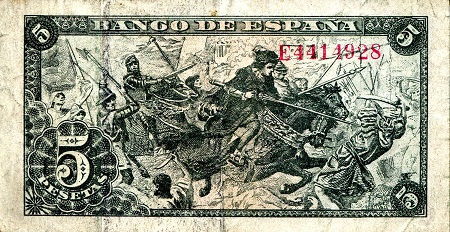 Spain 5 Pesetas F (see large scan) pick #: 129