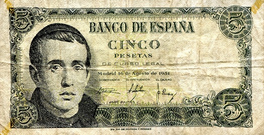 Spain 5 Pesetas Pick Number: 140 F Banknote