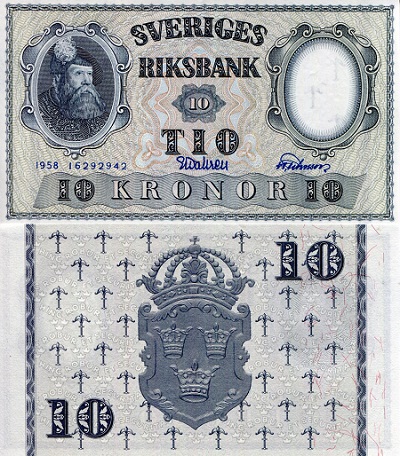 Sweden 10 Kronor Pick Number: 43f aUNC (minor corner issue) Banknote
