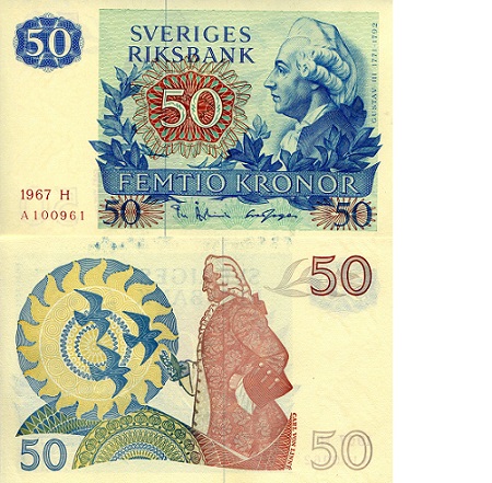 Sweden 50 Kronor Pick Number: 53a XF (Ink Bleed) Banknote