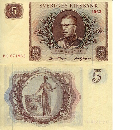 Sweden 5 Kronor Pick Number: 50b aUNC (minor corner issue) Banknote