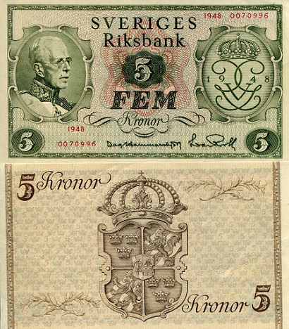 Sweden 5 Kronor Pick Number: 41a aUNC/XF (see large scan) Banknote