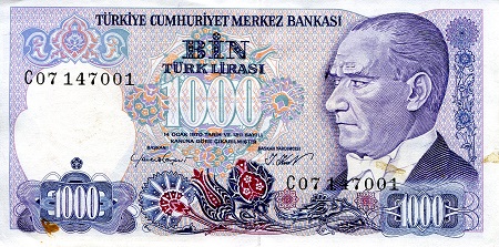 Turkey 1,000 Lira Pick Number: 196 VF (see scan) Banknote