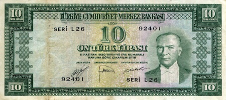 Turkey 10 Lira Pick Number: 157a F (See large scan) Banknote