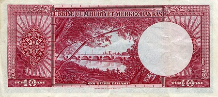 Turkey 10 Lira F (See large scan) pick #: 157a