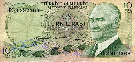 Turkey 10 Lira Pick Number: 180b VG (See large scan) Banknote