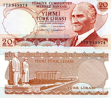 Turkey 20 Lirasi Pick Number: 187b UNC Banknote