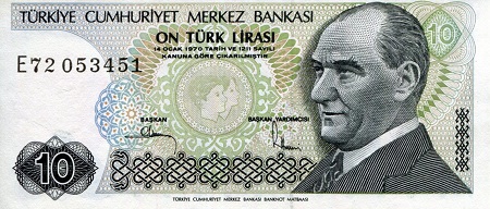 Turkey 10 Lirasi Pick Number: 193d aUNC Banknote