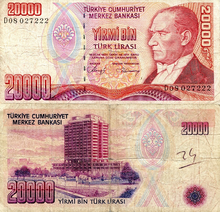 Turkey 20000 Lirasi Pick Number: 201 VG Banknote