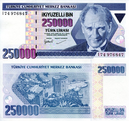 Turkey 250,000 Lirasi Pick Number: 211 UNC Banknote
