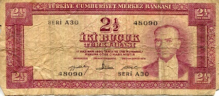 Turkey 2 1/2 Lirasi Pick Number: 153a VG/G (See large scan) Banknote